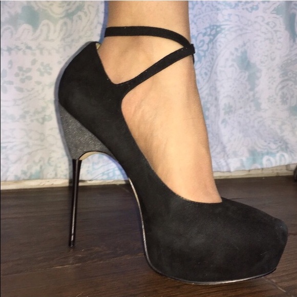 Black Faux suede platform stiletto heels - Picture 4 of 6